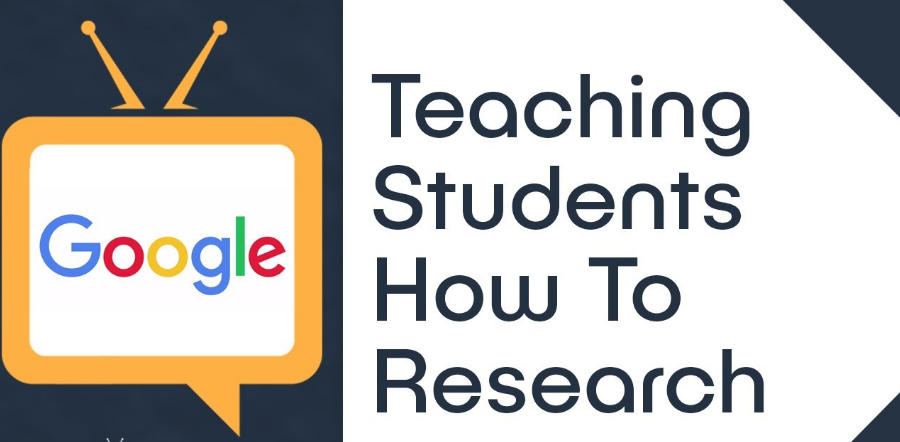 Teaching Students How to Research” text with a yellow TV set on the left and “Google” logo
