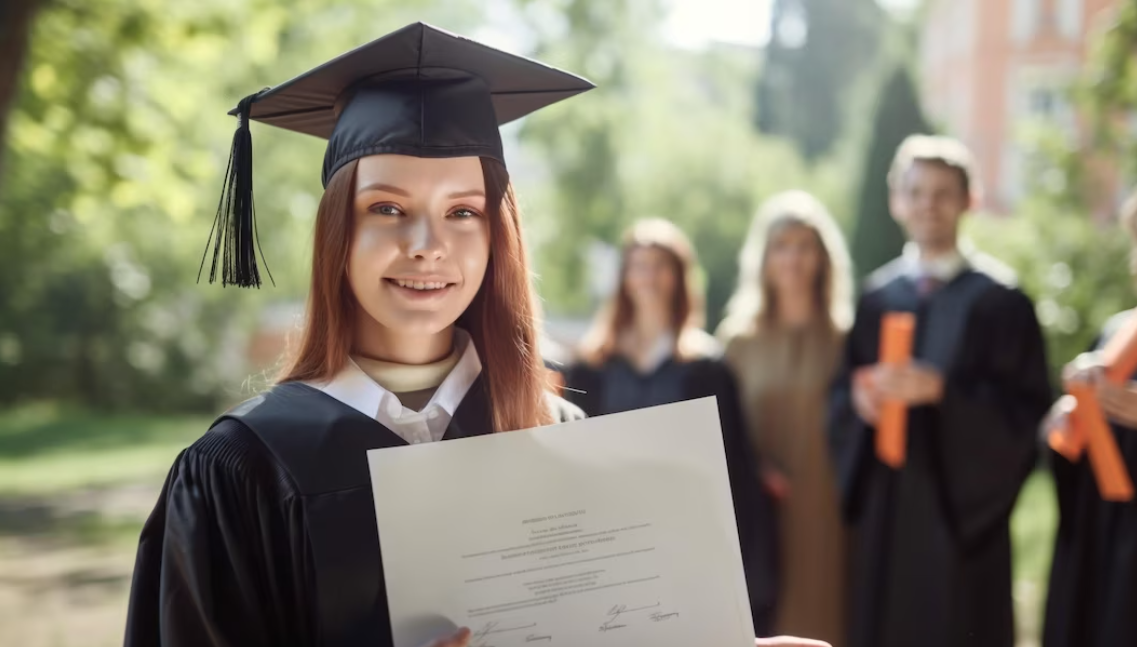 Smiling girl in graduation form outdoors, students behind her