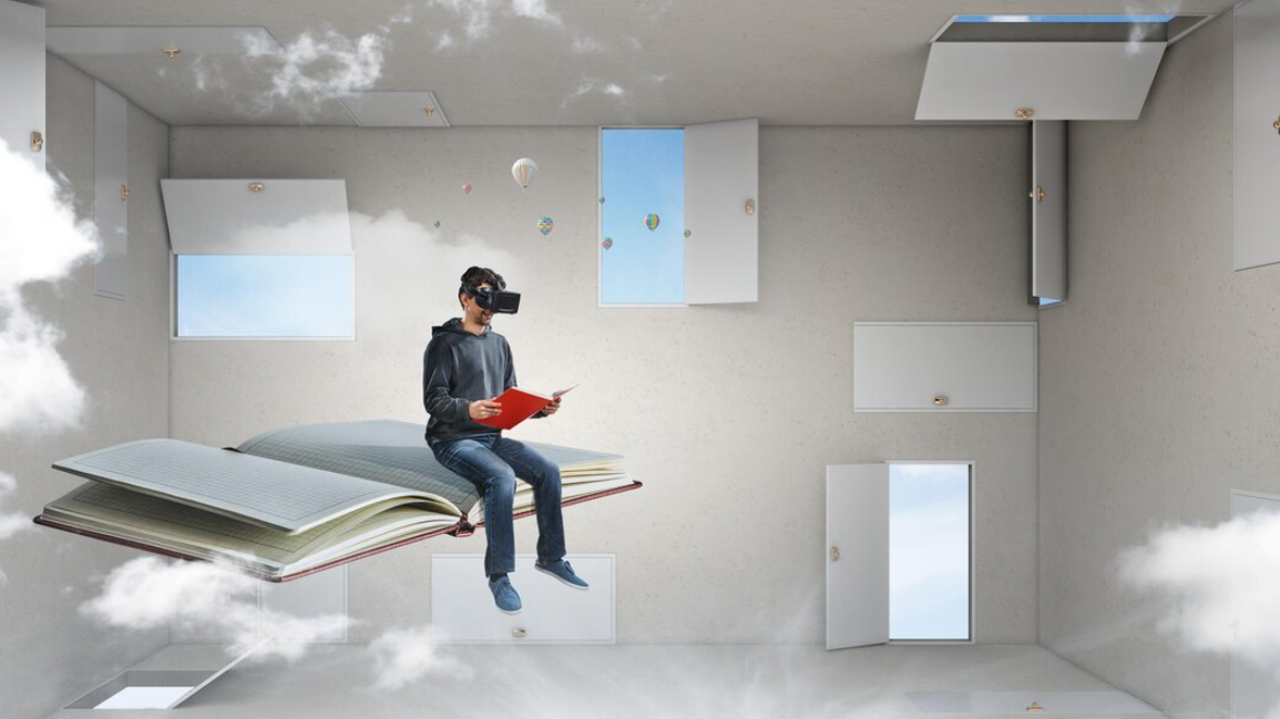 boy in virtual reality headset in a room with lots of doors
