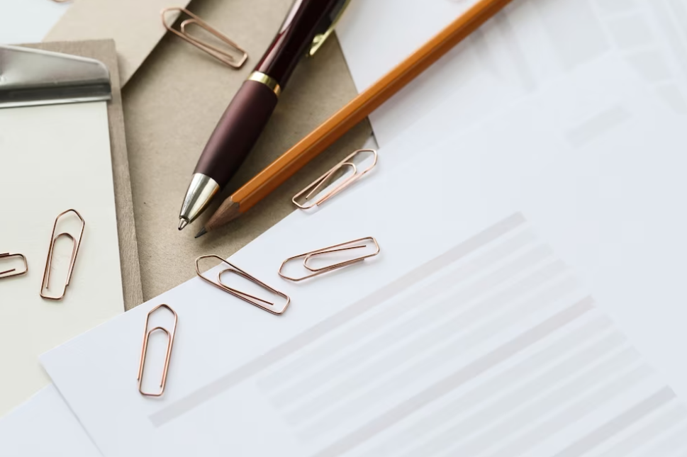 pen, pencil, papers, and paper clips on the office table